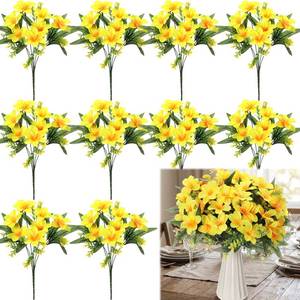 lot 19653 image: FineCheer 10 Bundles Artificial Flowers Bulk for Party Table Centerpiece Small Lilies with 7 Heads Silk Fabric Faux Fake Flower Bouquet for Wedding Home Indoor Vases(Yellow)