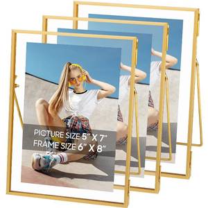 lot 19668 image: Jajamy Gold Floating Frame Set of 3, 6x8 Gold Picture Frames for Multi Size Photos 5x7,4x6,3x5, Tempered Glass Photo Frame for Tabletop Display Wedding, Home Decor