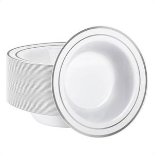 lot 19669 image: Goodluck 50 Pack Plastic Bowls with Silver Rim, 12oz Disposable Soup Bowls for Weddings, Parties, Dinners, Catering, and Everyday Use