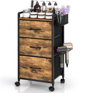 lot 19686 image: Salon Station for Hair Stylist, Rolling Salon Trolley Cart with Wheels, Beauty Barber Station with Metal Tool Holder & 3 Fabric Drawer, Mobile Storage Cabinet for Barbershop, Spa&Tattoo, Rustic Brown