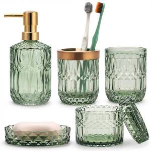 lot 19688 image: IVAILEX 5PCS Green Glass Bathroom Accessories Sets of Lotion Dispenser, Soap Dish, Toothbrush Holder, Tumbler, Cotton Swab Jars, Modern Bath Decor, Vintage Gift