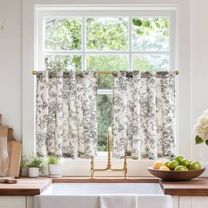lot 20250 image: jinchan Linen Floral Tier Curtains 24 Inch Farmhouse Botanic Cafe Curtains Light Filtering Drapes for Small Windows Back Tab Half Window for Kitchen Living Room Bathroom 2 Panels Black