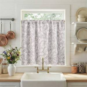 lot 20263 image: jinchan Floral Kitchen Curtains for Windows 36 Inch Grey Linen Lined Tier Farmhouse Cafe Curtains Country Botanic Small Window Rod Pocket Rustic Flax for Laundry Bathroom RV 2 Panels Gray on Beige