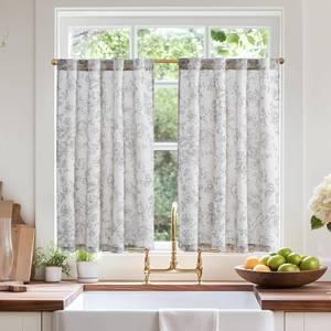 lot 20265 image: jinchan Linen Floral Tier Curtains 36 Inch Farmhouse Botanic Grey Cafe Curtains Light Filtering Drapes for Small Windows Back Tab Half Window for Kitchen Living Room Bathroom 2 Panels Gray