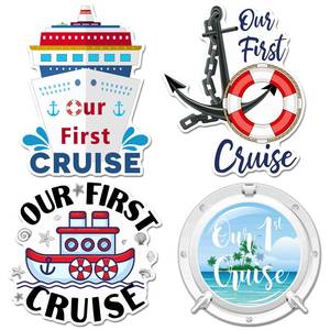 lot 20278 image: Hoteam 4 Pcs Our First Cruise Door Decorations Magnetic Large First Cruise Ship Door Magnets Funny Waterproof Nautical Magnets for Carnival Cabin Stateroom Fridge Car