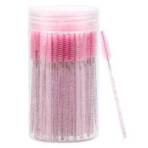 lot 20284 image: 100 Pcs Disposable Mascara Wands, Crystal Eyebrow Spoolies Brush for Eyelash Extensions, Pink Lash Brushes with Container