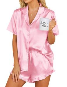 lot 20292 image: Ekouaer Womens Satin Pajamas Set Button Down 2 Piece Silk Pjs Shorts Set Ruffle Lingerie Notch Collar Sleepwear Pink L