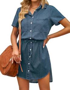 lot 20301 image: luvamia Women Casual Denim Dress Short Sleeve Tie Waist Classic Drawstring Jean Shirt Dress Button Down Vacation Outfits for Women Vintage Blue Size Small Fits US 4-6