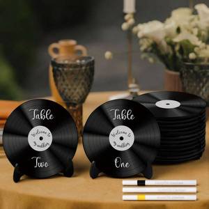 lot 20303 image: Novabright 12 Pcs Vinyl Record Wood Wedding Table Numbers with Easel Stand Retro Music Wedding Party Decorations for Reception DIY Doodle Fake Records Table Signs with 3 Markers for Souvenir Gifts