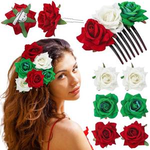 lot 20321 image: Yuxung 7 Pcs Mexican Hair Accessories for Women Independence Day Flower Brooch Clip Mexican Flag 16th September Rose Flower Hair Accessories for Traditional Girls Independencia De Mexico
