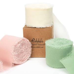 lot 20341 image: Ribbli Chiffon Ribbon 1.5 inch x 30 Yard Handmade Silk Ribbon, IvoryBlush PinkSage Green Fringe Chiffon Ribbon for Wedding Invitations, Bridal Bouquets Wrapping, Flower Arrangement Decoration