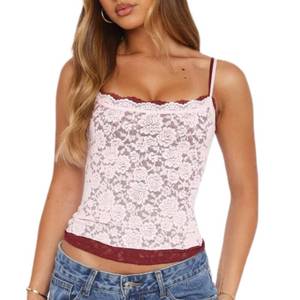 lot 20384 image: Women Y2K Lace Spaghetti Strap Cami Top Sheer Floral Lace Slim Fit Crop Tank Summer Going Out Streetwear(Pink, M)