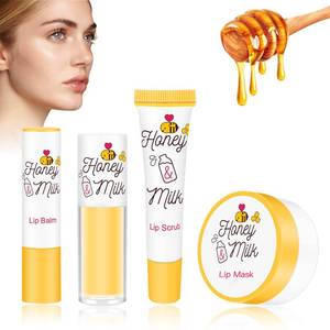 lot 20390 image: LSxia 4 Piece Honey Milk Lip Mask Lip Balm Lip Scrub Lip Oil Lip Care Kit, Moisturizing & Nourishing Dry and Cracked Lips, Overnight Sleeping Lip Exfoliator Lip Moisturizer Lip Repair