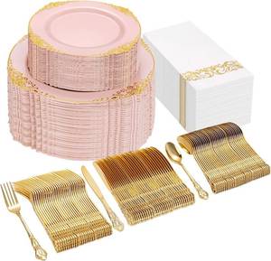 lot 1225 image: Ciaell 300PCS Pink and Gold Plastic Plates - Pink Disposable Dinnerware Sets for 50 Guests - 100 Plates, 50 Knives, 50 Forks, 50 Spoons, and 50 Napkins for Wedding, Party