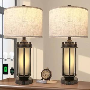 YoyoyoooMi Set of 2 Farmhouse Table Lamp for Living Room Bedroom Bedside, Vintage Rustic Nightstand Lamps with USB C+A Charging Ports, Vintage Gray Frosted Glass Night Light, Include 2 Bulbs (Bronze)