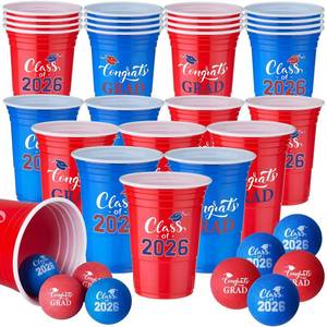 lot 1270 image: Chuangdi 30 Pieces Graduation Party Game Set 16 oz Blue and Red Class of 2026 Plastic Cups with 8 Pcs Congrats Grad Balls for 2026 Graduation High School College Grad Game Party Decorations Supplies