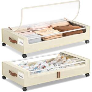 lot 1273 image: Yecaye Under Bed Storage with Wheels, 2 Pack Under Bed Storage Containers, 60L Underbed Shoe Storage with Clear Window & Label, Rolling Under Bed Metal Drawer for Clothes, Shoes, Books, Blankets
