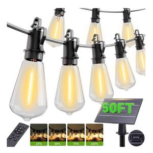 lot 2324 image: OOOLED 50FT Solar String Lights Outdoor with Remote, IP65 Waterproof Shatterproof ST38 15 LED Bulbs, 2700K Dimmable Outside Hanging Lights for Patio, Garden, Camping, Deck, Backyard Decor