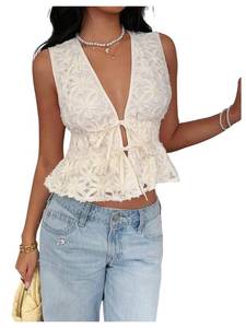 lot 2329 image: SOLY HUX Womens Deep V Neck Tie Front Blouse Floral Sleeveless Peplum Ruffle Hem Shirt Tops Apricot Large