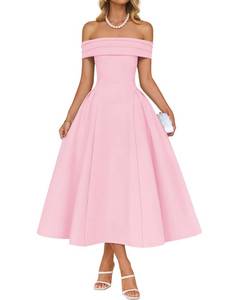 lot 2334 image: ZESICA Summer 2026 Cocktail Dresses for Womens Off Shoulder Short Sleeve Swing A Line Wedding Evening Party Midi Dress Pink Medium