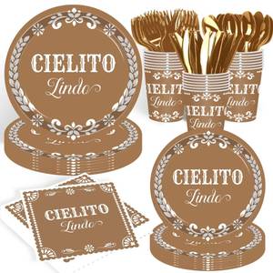 lot 2336 image: A 140 pcs Cielito Lindo Baby Shower Tableware, Mexican Theme White Talavera Baby Girl Shower Party Decoration Paper Plates Napkins Forks Serves 20