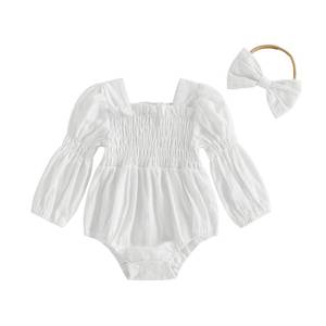 lot 2337 image: Kavousa Smocked Baby Girl Clothes Newborn Girl Bubble Romper Long Sleeve Jumpsuit And Headband Outfit Cute Infant Clothing (Jacquard White, 3-6 Months)