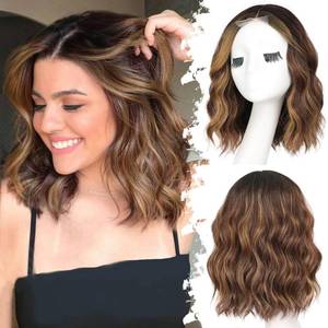 lot 2346 image: Eawwii Brown Highlight Short Wavy Wig for Women Lace Hairline Bob Style Synthetic Heat Resistant - Natural Appearance for Everyday Hairstyle 14 Inch