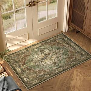 lot 3694 image: 2x3 Machine Washable Area Rug for Entryway, Brown Green Boho Vintage Floral Rug Non-Slip Low Pile Soft Faux Wool Small Carpet, Kids and Pets Friendly for Bedroom Kitchen Hallway Bedside Home Decor Rug
