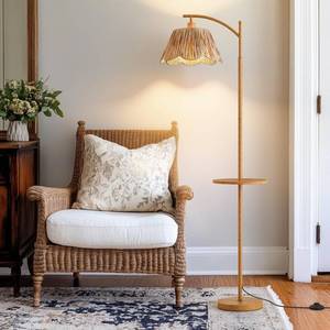 lot 3716 image: Oneach 63.5 Floor Lamp with Table for Living Room, Boho Rattan Standing Lamps with Foot Switch, Farmhouse Floor Lamp for Bedroom, Arc Tall Lamp with Metal Base&Pole, Bulb not Included, Woodgrain