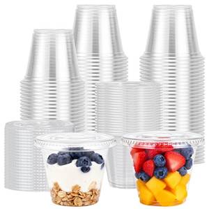 lot 3721 image: Lamosi 9 oz Clear Plastic Cups with Lids 50 Pack, Clear Disposable Cups with Flat Lids No Hole for Fruit, Snack, Pudding, Cold To Go Drinks or Milkshakes