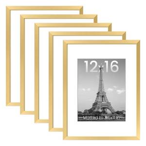 lot 3730 image: upsimples 12x16 Picture Frame Set of 5, Display Pictures 8.5x11 with Mat or 12 x 16 Without, Wall Gallery Poster Frames, Gold