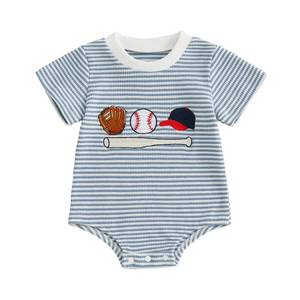 lot 4006 image: VISGOGO Baby Boys Rompers Baseball Embroidered Stripe Crew Neck Short Sleeve Summer Clothes Bodysuits Jumpsuits (Blue Baseball Embroidery, 6-12 Months)