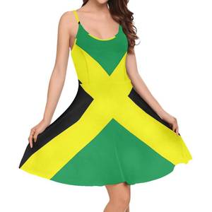 lot 4009 image: Coloranimal Womens Basic Jamaican Flag Print Stretch Flared Casual Mini Skater Dresses Spaghetti Straps A-line Boho Beach Sundress Flowy Suspender Skirt,Yellow Black Green