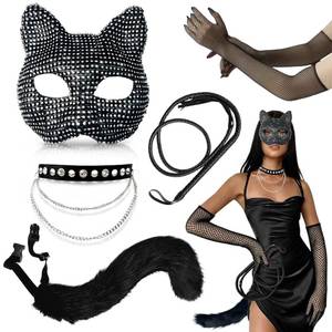 lot 4010 image: SlendyPop 5 Pcs Cat Costume for Women Rhinestone Masquerade Mask Black Net Gloves Collar Choker Lush Tail Soft Whip Cat Woman Accessories for Halloween