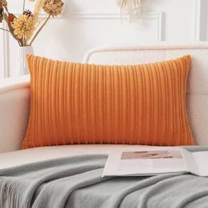 lot 4016 image: UGASA Fall Decorative Soft Velvet Stripe Lumbar Pillow Cover 1 Pack Solid Corduroy Textured Euro Oblong Cushion Case for Couch Bedroom Sofa Farmhouse, 12x20 Inch, Orange