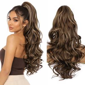 lot 4019 image: 24 Inch Ponytail Extension, Layered Ponytail Extensions for Women, Soft Wavy Claw Clip in Ponytail Extension, Natural Synthetic Hair Pieces for Women (Color Ash Brown with Beige Blonde Highlights)