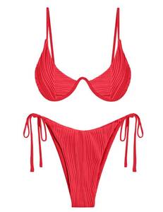 lot 4022 image: ZAFUL Womens Swimsuit Ribbed Padded Underwire Bikini Clasp Closure String Bikini Sets 2 Piece Swimwear Red M
