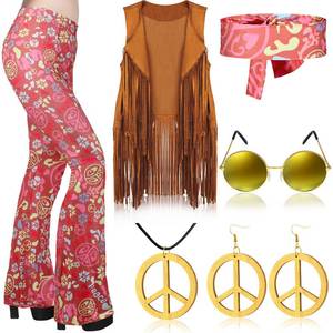 lot 4030 image: Haull 7 Pcs 60s 70s Disco Hippie Outfits for Women Halloween Costume Set Boho Flared Pants Fringe Vest Peace Sign(Sweet Peace,Large)