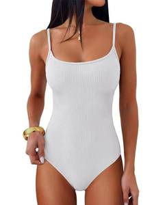lot 4032 image: ANRABESS Women Bodysuits Square Neck Spaghetti Straps Sleeveless Cami Top Summer Backless Ribbed Knit Basic Body Suits White Small