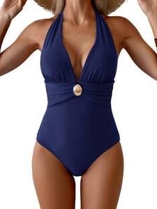 lot 4037 image: Aidonger Womens One Piece Swimsuit Sexy Halter V Neck Bathing Suit Tummy Control Ruched Metal Swim Suit Navy Blue Medium