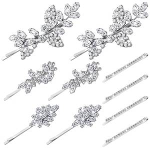lot 4038 image: Janinka 10 Pieces Rhinestone Wedding Hair Clips Bridal Crystal Bobby Pins Silver Barrette Leaf Flower Wedding Elegant Hair Accessories for Bride Women and Girls(Rhinestone Style)