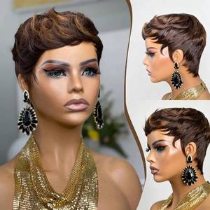 lot 4450 image: SisBroSis Pixie Cut Human Hair Wig for Women Short Wig for Women Chocolate 433 Color Short Layered Pixie Wig With Bangs Glueless Full Machine Made Brazilian Virgin Human Hair Wig (433)