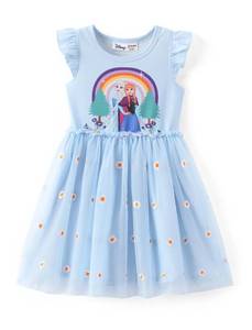 lot 4487 image: Disney Frozen Toddler Girl Dress Elsa Anna Print Embroidered Daisy Tulle Summer Clothes Flutter-Sleeve Outfit Party Birthday Sundress Blue 3-4T