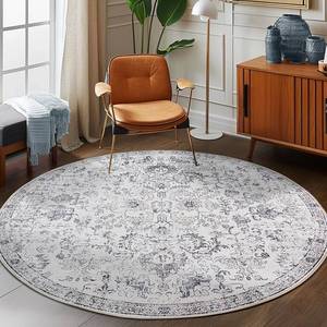 lot 5655 image: jinchan Kalen Round Rug 7ft Area Rug Washable Vintage Indoor Retro Floor Cover Distressed Gray Floral 7 Round Circle Boho Non Slip Thin Carpet for Living Room Dining Room Bedroom Kitchen Grey