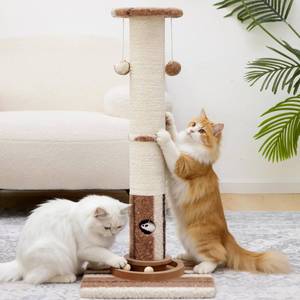 lot 5661 image: Woochpet Cat Scratching Post 34 Inch Tall Heavy Duty Sisal Scratcher with Interactive Track Mouse Toy Condo Top Jingle Balls for Indoor Kittens,Brown