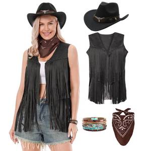 lot 5686 image: Changchupsem Western Cowgirl Costume for Women Cowboy Tassel Vest for Women Outfit with Hat Bandana Necklace (Black, X-Large)