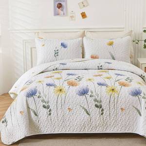 lot 5694 image: Dinjoy Floral Quilt Set Queen 3 Pieces Blue & Yellow Quilts Bedding Set Bohemian Bedspread Bed Cover Lightweight Spring Summer Beds Coverlet for All Season(96x90)