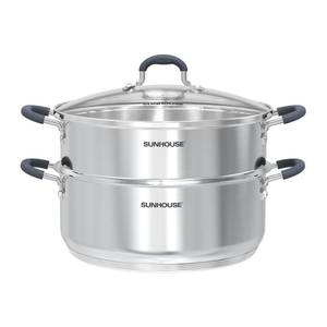 lot 5700 image: SUNHOUSE Stainless Steel Steamer Pot for Cooking - 6.3 QT Steaming Pot with Glass Lid & Steamer Basket - 2 Tier Tri-ply Vegetable Steamer with Stay-Cool Silicone Handles - Induction Compatible
