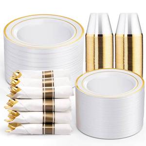 lot 5721 image: WELLIFE 350-Piece Gold Disposable Plates and Cutlery Set - Premium 10.25 Dinner Plates, 7.5 Dessert Plates, 9oz Cups & Cutlery for Weddings, Catering Events - 50 Guest Service - Elegant & Sturdy