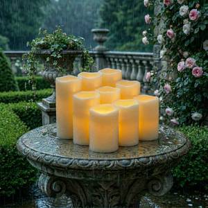 lot 5734 image: 5plots 3 X 45 6 Outdoor Waterproof Candles, Battery Operated Led Ivory White Flameless Candles with 10-Key Remote & Timer for Indoor Home Lantern Holiday Decor, Set of 9